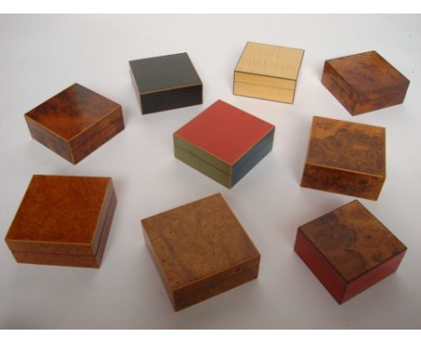 Peter Spicer.
Nine burr walnut and maple trinket boxes, boxwood strung, some stained various colours, most stamped P. S Spice