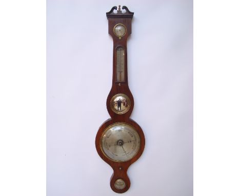 A Regency rosewood wheel barometer, with eight inch silvered dial, damp/dry scale, thermometer, convex mirror and spirit leve