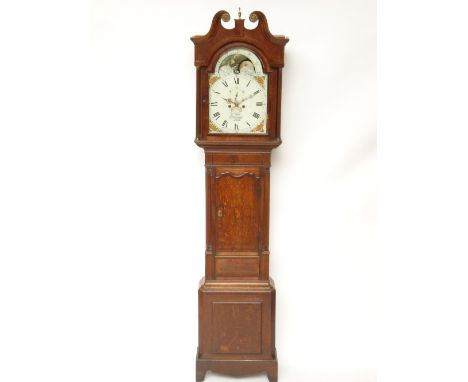 A George III North Country oak and mahogany crossbanded longcase clock, the 14" square arched painted enamel dial with Roman 