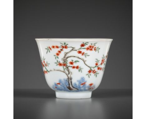 A RARE WUCAI 'MONTH' CUP, KANGXI MARK AND PERIOD        China, 1662-1722. Delicately potted with deep rounded sides rising fr