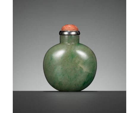 AN APPLE- AND EMERALD-GREEN JADEITE SNUFF BOTTLE, 18TH-19TH CENTURYChina, 18th-19th century. Well hollowed, of flattened glob