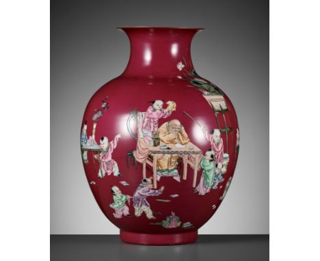 A LARGE PUCE-GROUND 'SLEEPING TEACHER & MISCHIEVOUS BOYS' VASE, LATE QING TO REPUBLIC PERIODChina, 1850-1949. The baluster si