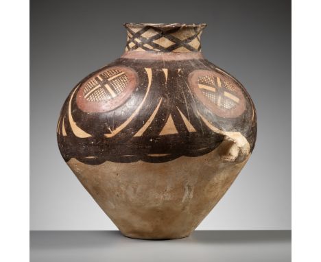 A PAINTED POTTERY TWO-HANDLED JAR, NEOLITHIC PERIODChina, Majiayao culture, 3rd-2nd millennium BC. The compressed globular ja
