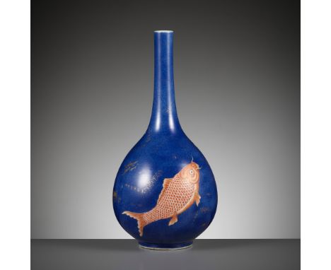 A POWDER-BLUE GROUND 'THREE CARP' BOTTLE VASE, KANGXI PERIODChina, 1662-1722. The globular body rising from a short foot to a