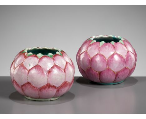 A PAIR OF LOTUS-SHAPED WATER POTS, CHINA, EARLY 19TH CENTURY  Of globular form with three rows of petals issuing from a coile