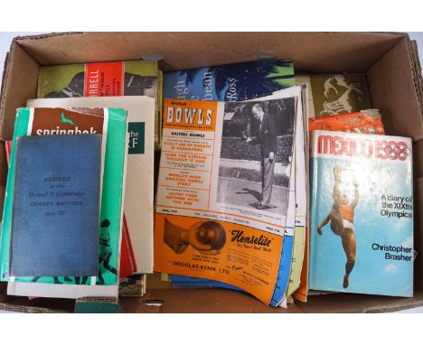 Two boxes of sporting books; cricket, horse racing, golf, football, bowls magazines 1957-58 (12), a total  of 56, including a