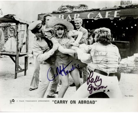 Carry On Abroad (1972), an approx. 9x7 (trimmed) film photo. Signed by Carol Hawkins who played Marge Dawes with Sally Geeson