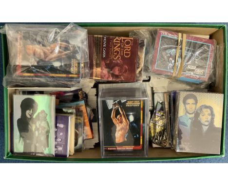Box of assorted trading cards including Lords of the rings, Star trek and Doctor Who, around 21 collections with 100 plus in 