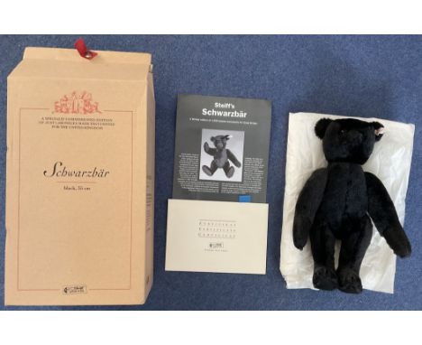 Steiff Teddy Bear Specially commissioned edition Scbwarzbar Black 35cm No 00010 of 1500. With box, certificate. White and red