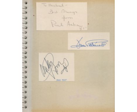 TV Film Music collection cards in old photo album. 60+ autographs on cards various sizes, some dedicated. Includes Stella Ste