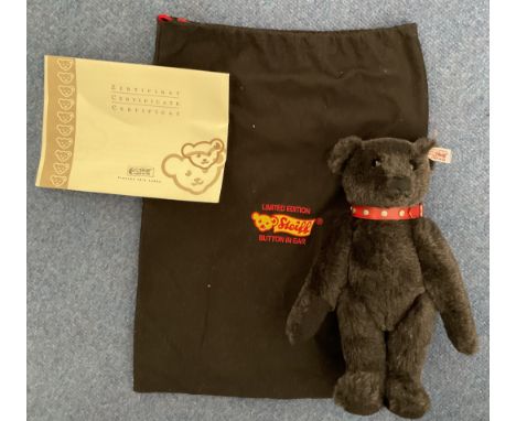 Steiff Teddy bear black with red collar 32cm, exclusive gold button ear. Limited edition. With bag and certificate. No 00928 