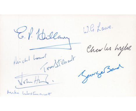 Mount Everest 1953 expedition, a plain card, approx. size 7.5 by 4.5 inches, signed by eight team members: Sir Edmund Hillary