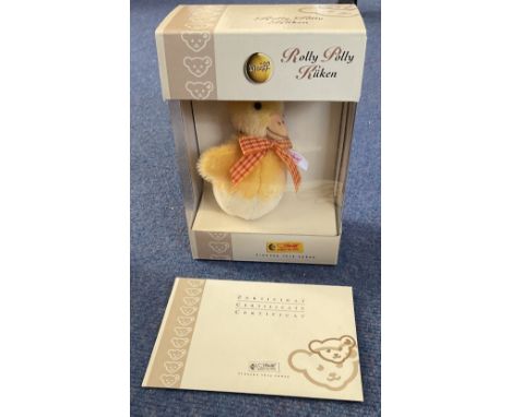 Steiff Rolly Polly Chick yellow 12cm. Limited edition No 00496 of 2005. White and red ear tag with gold platted button. Comes