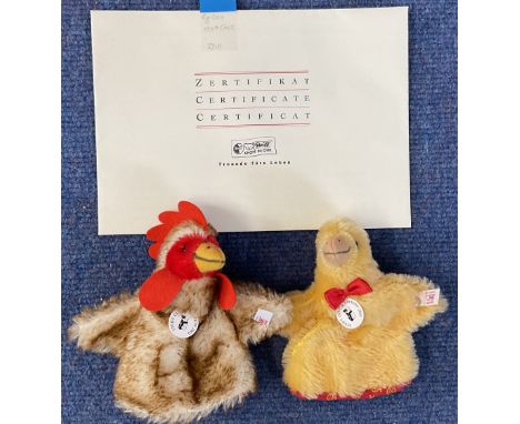 Steiff Egg Cosy Set, Hen and Chick. 2003 club. Limited edition No 02310. With Certificate. Both have famous White and red ear