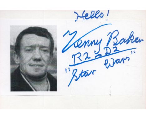 Star Wars R2 D2 Kenny Baker signed white post card with small magazine photo, Inscribed Hello Kenny Baker R2 D2 Star Wars. Fo