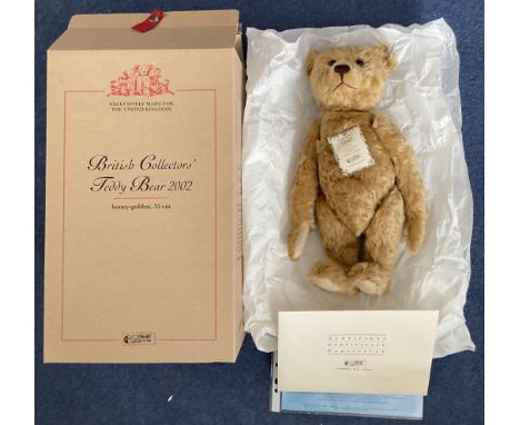 Steiff British Collector's Teddy Bear 2002, Honey-golden 35cm. Limited edition No 00515 of 4,000. Sound with motion. White an