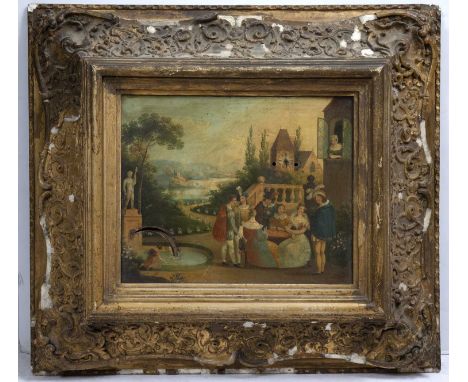 A 19th century clock automaton picture, depicting a group of figures at a garden table, with distant river and church, the ch