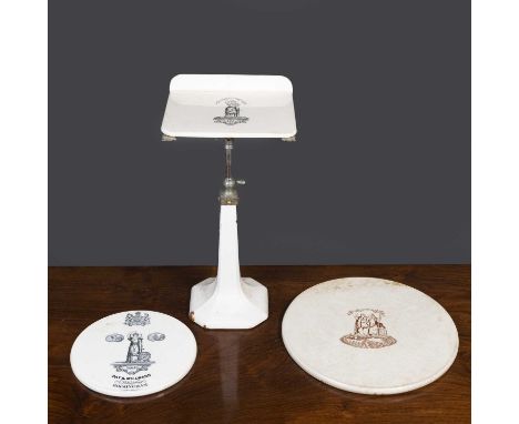 A group of three ceramic scale weight plates one by Day &amp; Milward Birmingham, 23cm diameter; one depicting Justitia et Fi