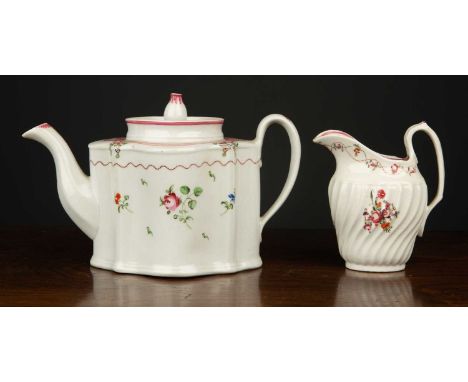 A late 18th century New Hall teapot, pattern 173, 14cm high, together with a similar New Hall milk jug, 13cm high (2)Conditio