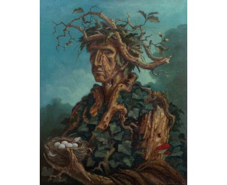 Martin Newell (20th century school) portrait of John Burrows as a 'Green Man' in the manner of Arcimboldo, signed lower right
