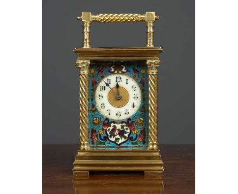A 19th century French brass carriage clock by R &amp; Co, the enamel dial within turquoise enamel case with birds and floral 