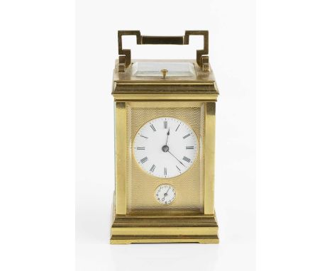 A late 19th century French carriage clock, the white enamel roman dial over a subsidiary alarm dial with engine turned mask, 