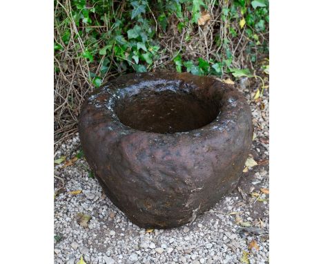 An ancient Scottish sandstone "knocker" mortar with deep bowl and thick sides, 46cm diameter x 28cm highCondition report: Ver