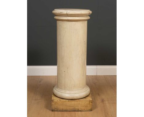 A painted turned wooden column or sculpture plinth with marble inset top and on a square base, the marble inset top 29cm diam