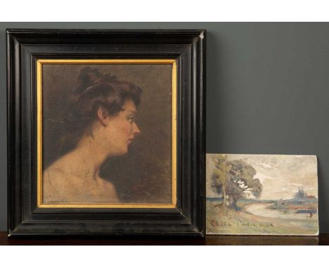 A portrait of a young woman signed and dated to the lower right possibly A.V.1901, oil on board, framed, 17.5cm x 19cm togeth