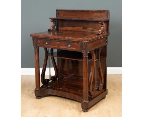 A 19th century rosewood chiffonier  the galleried back with shelf above table top, single drawer and undertier with lyred sid