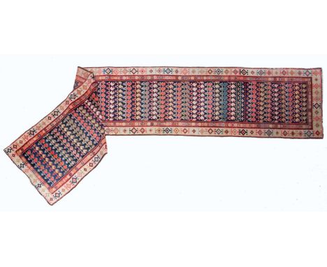 An antique Hamadan runner the central blue ground with a banded border and repeated decoration, 75cm x 400cmCondition report: