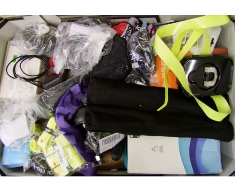 A mixed collection of items: digital thermometer, adapters, chargers, umbrellas etc (1 tray). 