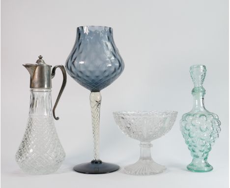 A mixed collection of items to include: silver plated claret jug, mid century glass vase, decanter etc 