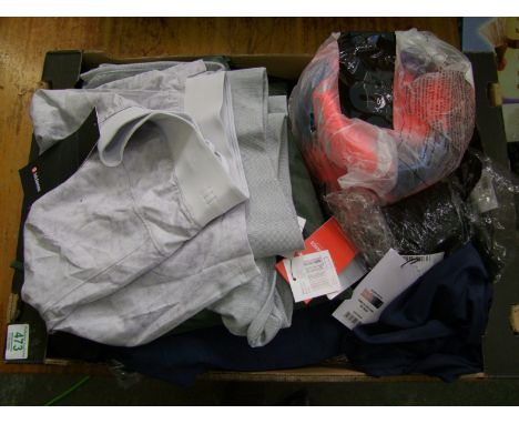 A mixed collection of items: Lululemon men's shorts, Nike football, Gymshark item etc (1 tray). 