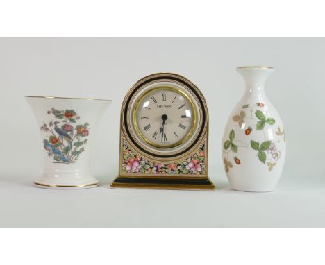 Wedgwood Items to include: Clio patterned mantle clock, Wild Strawberry Vase &amp; Kutani Crane Vase, height of tallest 13cm 