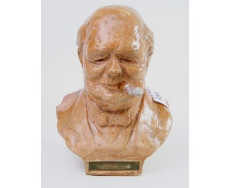 A large vintage terracotta table lighter: fashioned as a bust of Winston Churchill by Tallent ( cigar present) 