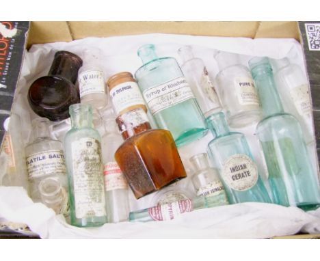 A collection of small vintage pharmacy bottles: 20 