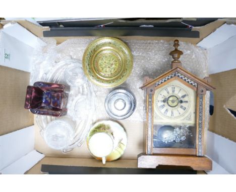 A mixed collection of items to include: Inlaid Continental Clock, Glass ware, Royal Doulton Series ware cup &amp; saucer etc 