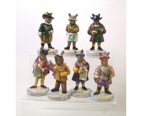 Royal Doulton bunnykins the explorers to include: Marco Polo DB414, Christopher Columbus DB417, Sir Walter Raleigh DB416, Sco