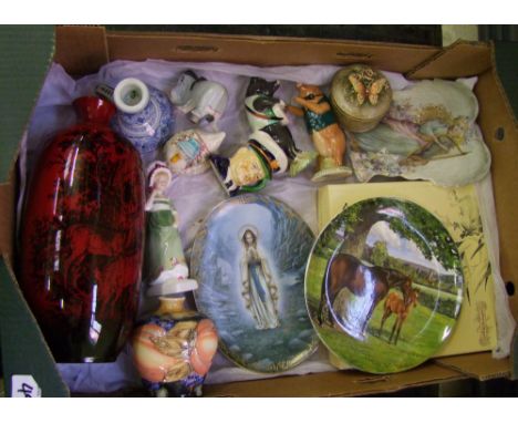 A mixed collection of items to include Royal Doulton Flambe vase: Beswick and Doulton figures, Delft candlestick, Moorcroft s