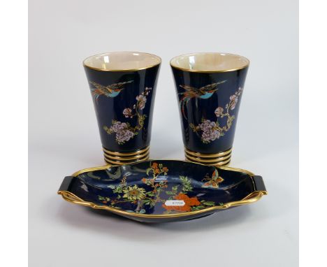 Carltonware Deep Blue&nbsp;New bird of paradise patterned vases &amp; tray: height of tallest 16cm(3)