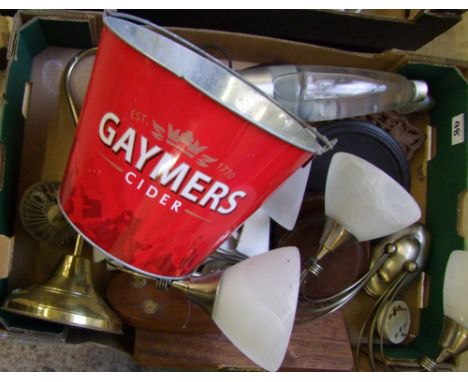 A mixed collection of items to include wooden ornament stands: ice bucket, bird cage clock, miniature Guinness bottles, car b
