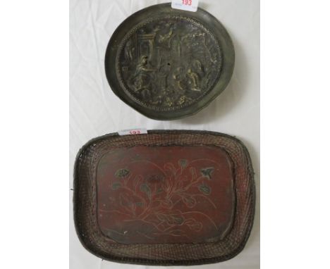 A circular bronze dish depicting Roman figures amongst pillared buildings and statues (diameter 17.5cm), and an oblong Chines