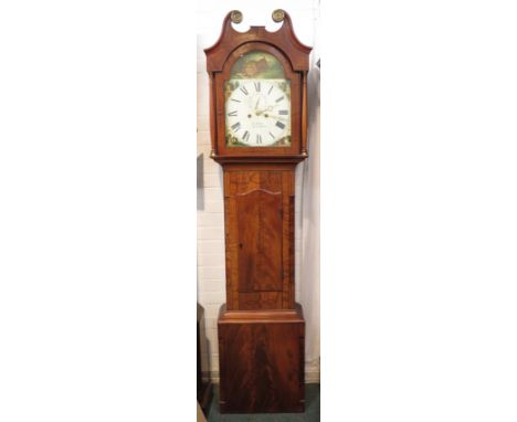 A 19th century eight-day long case clock with automaton dial, the mahogany case with small roundels and geometric ebony strin