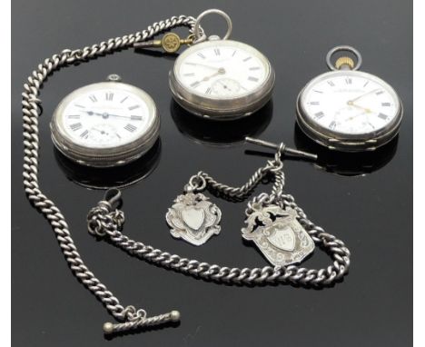 Three silver pocket watches - (1) a silver open face pocket watch, dial with Roman chapter, subsidiary seconds dial, signed J