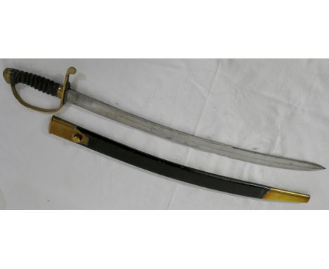 Early Victorian sword with curved fullered blade, fish skin grip and brass hilt, brass mounted leather scabbard, length of bl