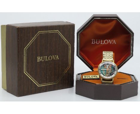 Bulova Accutron Spaceview wristwatch, gold-plated case, the back numbered 2-438234 N3 and marked BULOVA PATENTED STAINLESS ST