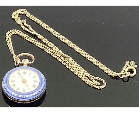 An early 20th century imported silver lady's fob watch with blue enamel and gilt case, crown winding, white enamel dial with 