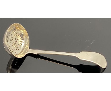 Victorian silver ladle with pierced bowl, marks for Exeter, 1874, maker's stamp Josiah Williams &amp; Co, length about 15.5cm