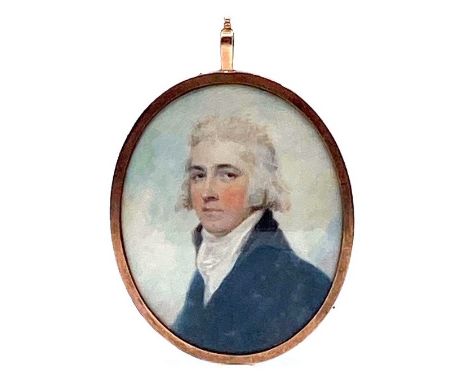 Painted oval miniature, head and shoulders portrait of 18th century gentleman in green velvet coat, glazed and in a gold-plat